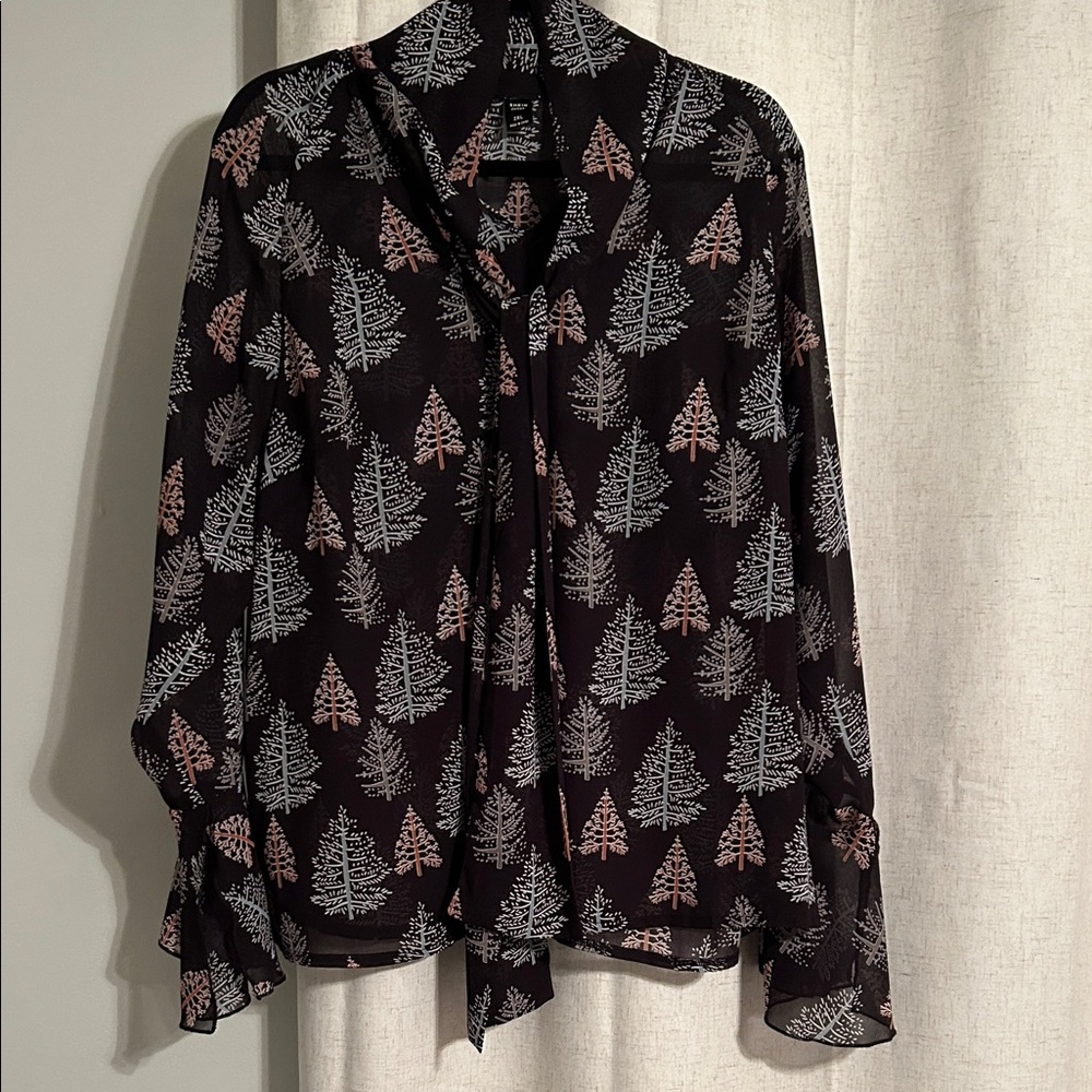 Black Sheer Tie-Neck Blouse with Tree Print